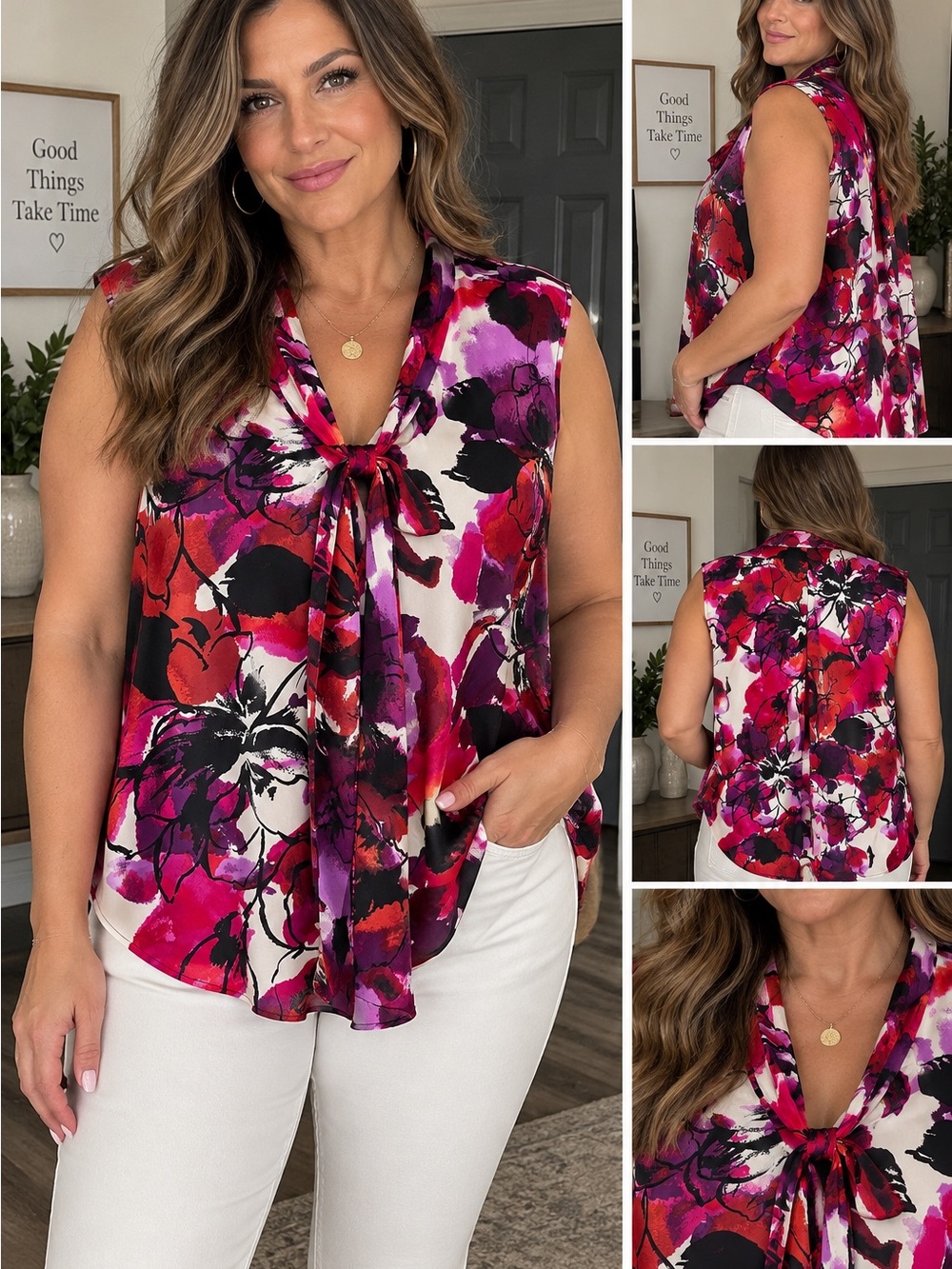 Kasper Sleeveless Tie-Neck Floral Blouse in Pink, Red & Black